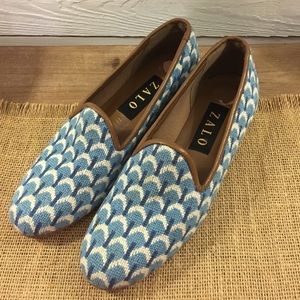 Zalo blue white needlepoint slip on loafers size 7